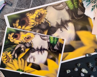 ひまわりの鏡の少女の肖像：オリジナルアートプリント