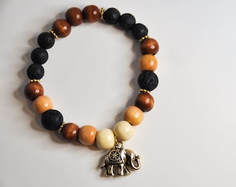 Elephant Charm Essential oil Absorbing Lava Bead Elastic Bracelet, Namaste relaxing aromatherapy jewelry, stress relief gift, Christmas gift