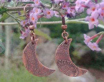 One of a Kind Crescent Moon Earrings, Copper Paisley Moon Earrings, Etched Earrings, Boho Moon Earrings, Celestial Moon Earrings