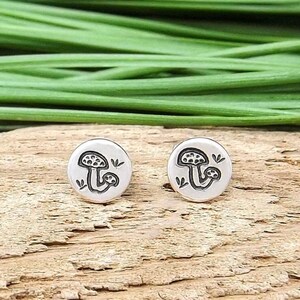 Sterling Silver Mushroom Earrings, Stud Mushroom Earrings, Mushroom Jewelry, Minimalist, Dainty, Hand Stamped, Hand Fabricated