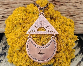 Collana sole e luna in rame, collana luna e stella, collana celeste unica nel suo genere, collana celeste Boho, ciondolo celeste in rame