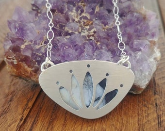 Sterling Silver Lotus Flower Necklace, Dendritic Opal, One of a Kind Lotus Bib Necklace, Bohemian Lotus Flower Jewelry, Spiritual Jewelry