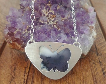 Sterling Silver Butterfly Necklace, Dendritic Opal, One of a Kind, Butterfly Bib Necklace, Bohemian Butterfly Jewlery