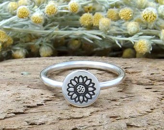 Sterling Silver Sunflower Stacking Ring: Hand Stamped Dainty Jewelry