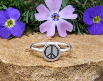 Sterling Silver Peace Sign Stacking Ring, Sterling Silver Dainty Minimalist Peace Sign Stacking Ring, Hand Stamped Peace Sign Ring