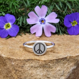 Sterling Silver Peace Sign Stacking Ring, Sterling Silver Dainty Minimalist Peace Sign Stacking Ring, Hand Stamped Peace Sign Ring