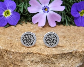 Sterling Silver Sunflower Stud Earrings, Dainty Minimalist Sunflower Earrings, Hand Stamped Sunflower Earrings, Sunflower Jewelry