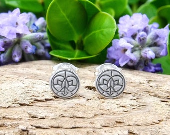 Peace Sign Heart Lotus Flower Stud Earrings, Sterling Silver Dainty Minimalist Earrings, Hand Stamped Earrings, Spiritual Jewelry