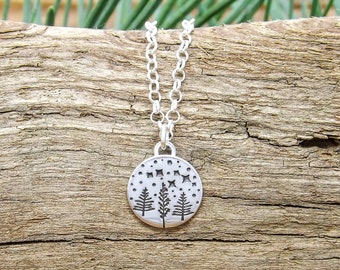 Sterling Silver Starry Forest Night Charm Necklace, Starry Night Jewelry, Forest Jewelry, Nature Necklace, Nature Jewelry, Forest Necklace