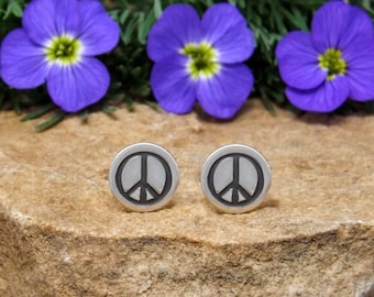 Sterling Silver Peace Sign Stud Earrings, Dainty Minimalist Peace Sign Earrings, Hand Stamped Peace Earrings, Peace Sign Jewelry