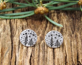 Sterling Silver Starry Forest Night Earrings, Starry Night Jewelry, Forest Jewelry, Nature Earrings, Nature Jewelry, Hand Stamp Forest Ring