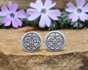 Sterling Silver Peace Sign Heart Lotus Flower Stud Earrings, Hand Stamped Earrings, Spiritual Jewelry