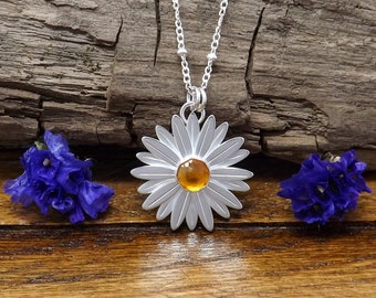 Sterling Silver Daisy Necklace, Sterling Silver Citrine Necklace, Daisy Flower Necklace, Daisy Flower Jewelry, November Birthstone Necklace