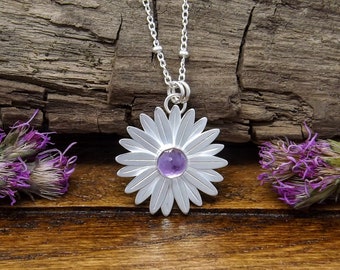 Sterling Silver Daisy Necklace, Sterling Silver Amethyst Necklace, Daisy Flower Necklace, Daisy Flower Jewelry, February Birthstone Necklace