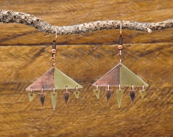 Copper and Yellow Brass Triangle Earrings, One of a Kind, Geometric Triangle Earrings, Mixed Metal Earrings, Bohemian Jewelry