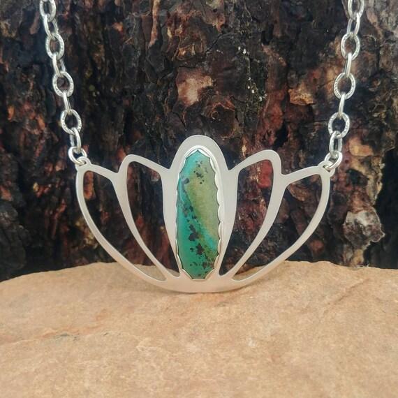 Malachite Lotus Flower Necklace, Sterling Silver Lotus Bib Necklace, One of a Kind Lotus Flower Statement Necklace, Metalsmith Zen Jewelry