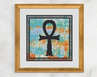 Cross Stitch Pattern, Egyptian Ankh, Abstract background, PDF, Digital Download, designed by Old School Edith