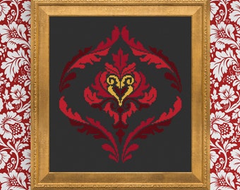 Cross Stitch Pattern Red Damask Baroque Floral Digital Download Designed by Old School Edith