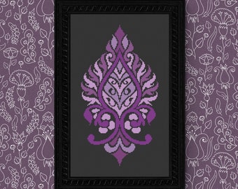 Cross Stitch Pattern, Damask Motif, Purple, PDF, Baroque, Download, Vibrant,  Ornate, Modern Wall Art, Design by Old School Edith