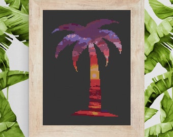 Palm Tree Sunset Silhouette Cross Stitch Pattern Digital Download Designed by Old School Edith