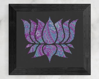 Cross Stitch Pattern, Paisley Lotus Flower, PDF, Purple Lotus, Modern, Download, Wall Art Design by Old School Edith