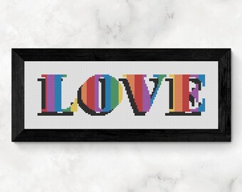 Cross Stitch Pattern, "LOVE", PDF Download, rainbow colors, pride flag colors, 3d lettering, kids room, designed by Old School Edith
