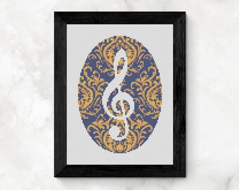 Cross Stitch Pattern, Baroque Treble Clef, PDF Download, Blue and Gold, Reimagined Damask, Music Lovers, Designed by Old School Edith