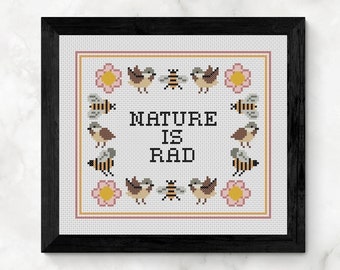 Cross Stitch Pattern, "Nature is Rad", PDF Download, Cute Animals, Birds & Bees, Flowers, Design by Old School Edith