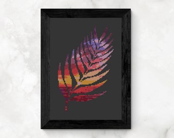 Cross Stitch Pattern, Hawaiian Sunset Palm Frond, PDF Download, Tropical, Jungle, Wall Art Design by Old School Edith