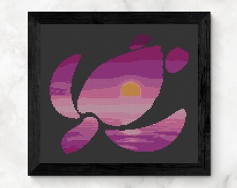 Cross Stitch Pattern, Sea Turtle Sunset, PDF Download, Tropical wall art, Design by Old School Edith