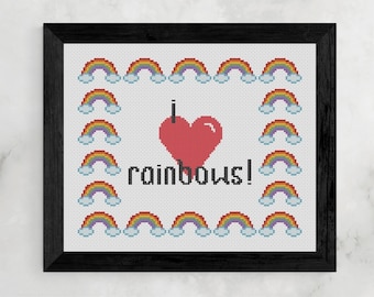 Cross Stitch Pattern, "I Heart Rainbows!", PDF, cute colorful wall art, download, modern sampler, designed by Old School Edith
