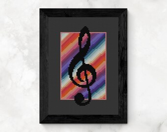 Cross Stitch Pattern, Treble Clef with Rainbow Background, PDF, musical, vibrant, colorful, rainbow wall art, download, by Old School Edith