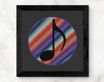 Cross Stitch Pattern, Eighth Note with Rainbow Background, PDF, colorful, Downloand, vibrant, music note, Designed by Old School Edith