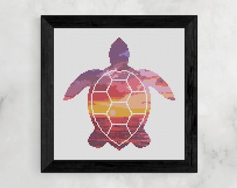 Cross Stitch Pattern, Sea Turtle Sunset, PDF, Tropical Wall Art, Download, Design by Old School Edith