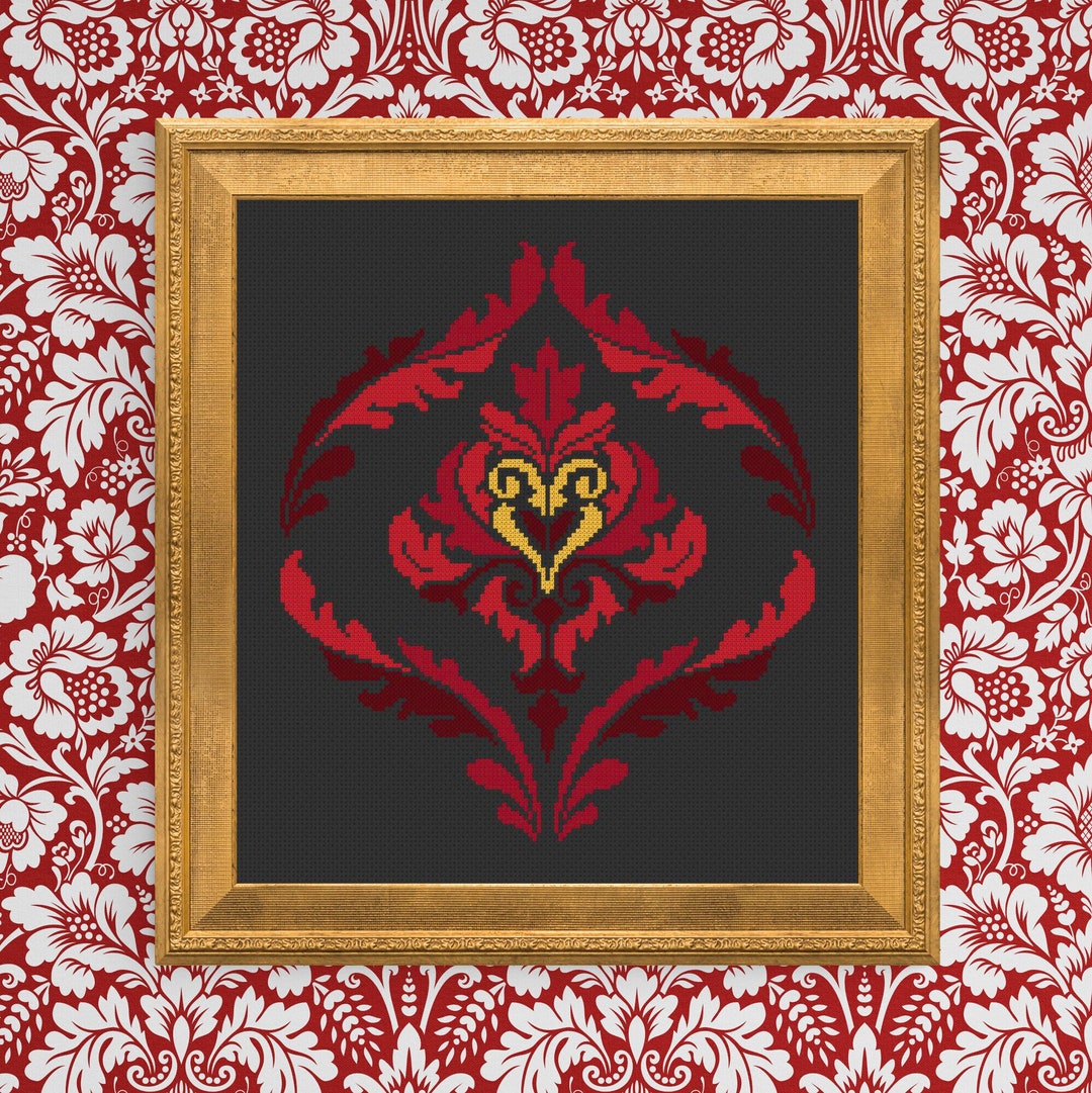 Cross Stitch Pattern Red Damask Baroque Floral Digital Download ...