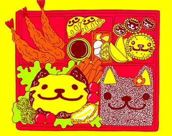 Cat Bento, Silk Screen Print, Cute Food Illustration, Food Print, Sushi Cat, Funny Cat Gifts, Cat Artwork, Cat Poster, Kawaii Gamer Room