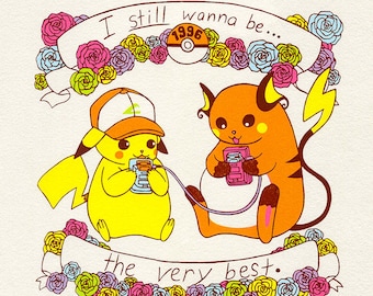 Be The Very Best, Pikachu and Raichu Pokémon Silk Screen Print, Pokemon Print, 90s Anime Art, Retro Gamer, Gamer Room Art, Kawaii Art