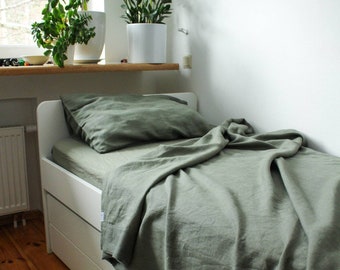 Pure Linen SHEET SET in twin size, 3 pcs: flat sheet, fitted sheet, pillowcase, made to order of softened linen by FlaxBox