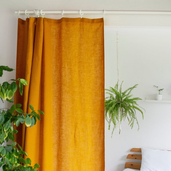 100% linen CURTAINS panel in yellow of medium heavy softened europen flax linen, hanging, flat panel curtains