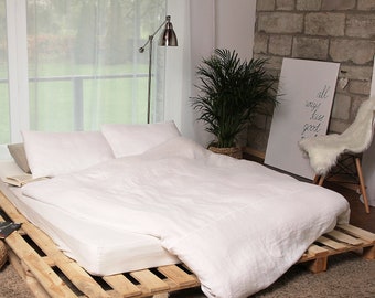 White DUVET COVER, queen size 90"x 88", handmade of softened 100% linen with snap buttons closure