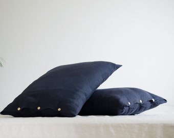 2 dark grey PILLOWCASES 50x65cm (20"x 25") with wooden buttons, handmade of softened flax linen fabric