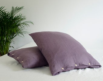 2 purple PILLOWCASES 50x65cm (20"x 25") with wooden buttons, handmade of softened flax linen fabric