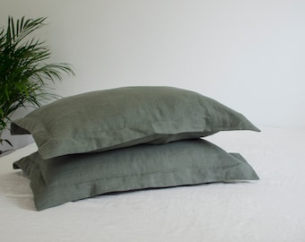 Two green oxford pillowcases , 100% pure off white linen euro shams , pillow cover , softened flax linen , in handmade