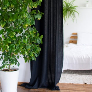 100% linen CURTAINS panel in black of medium heavy softened europen flax linen, hanging, flat panel curtains