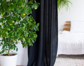 100% linen CURTAINS panel in black of medium heavy softened europen flax linen, hanging, flat panel curtains