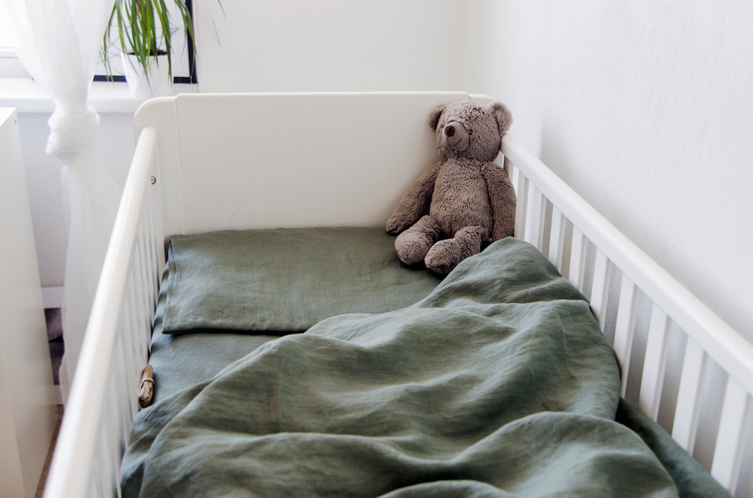 Organic Sage Green Linen Crib BEDDING SET or JUST Fitted Sheet, Duvet ...