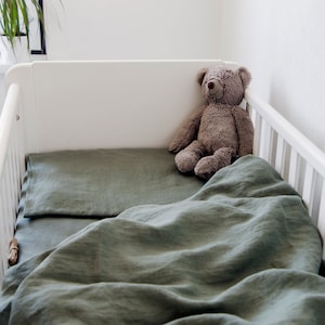 Organic sage green linen crib BEDDING SET or JUST fitted sheet, duvet cover, pillowcase - for babies, toddlers, kids in handmade
