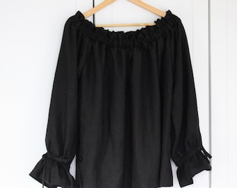 Black one size off shoulders blouse handcrafted of ogranic and softened 100% linen, oversized