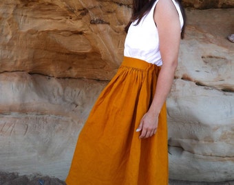 Linen SKIRT for women, midi, with elastic band on backside, with pockets, in saffron yellow, handmade, custom size