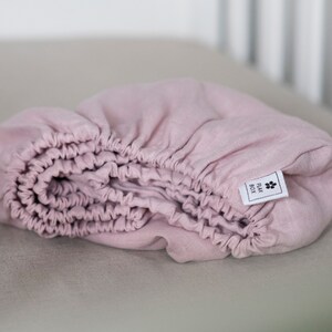 Pale pink CRIB FITTED SHEET of softened linen for babies, toddlers, kids in handmade, nursery stuff, shower gift,  register